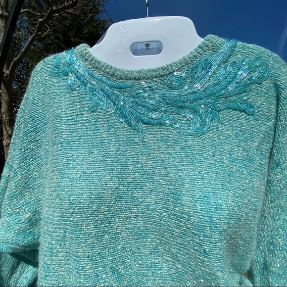 𝅺RAOUL Vintage 80s beaded suit in aqua. Beading embellishments sparkle. Snazzy. - Picture 1 of 15
